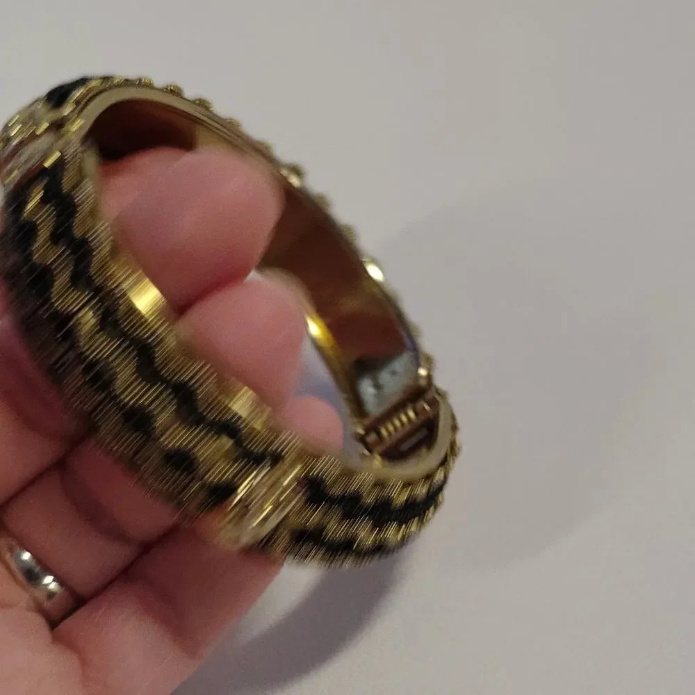 Hinged Bangle Bracelet Gold Black Gimp Trim Fabric Gold-tone Metal 2.5